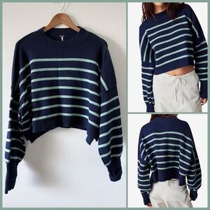 NWT Free People Easy Street Stripe Crop Pullover in Navy Combo size Medium
